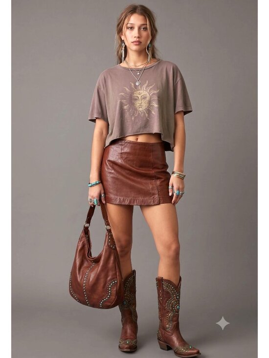 Hugo Buscati Dresses & Skirts - Hugo Buscati 100% Leather Antique 70s Style Brown A-Line Wrap Mini Skirt Size 6